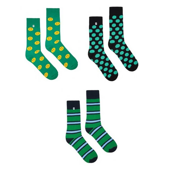 Hauskat sukat, vihreät sukat, hymynaama, pilkulliset, raidalliset